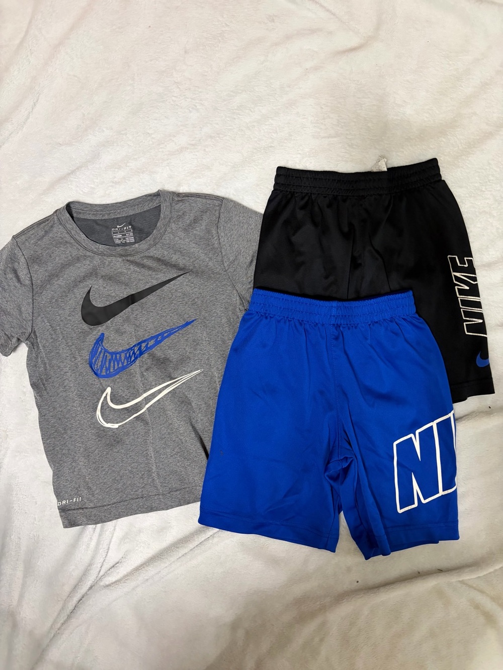 Nike Kids Gray Tee with Blue and Black Athletic Shorts